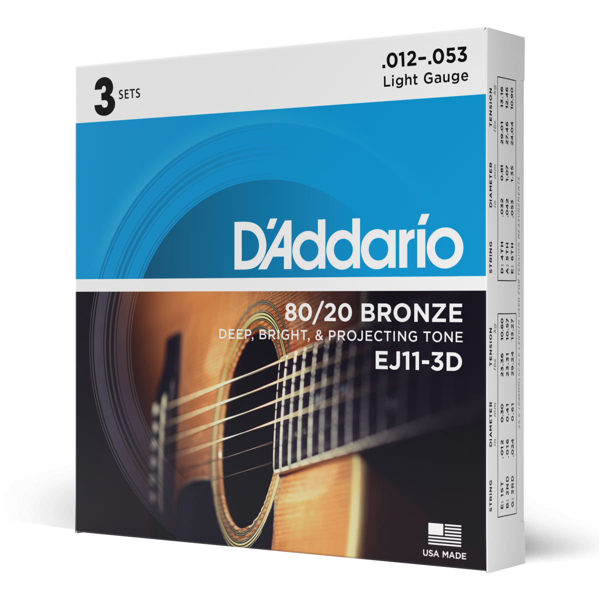 D Addario EJ11 80 20 Bronze 12 53 Acoustic Guitar Strings Light 3 Pack